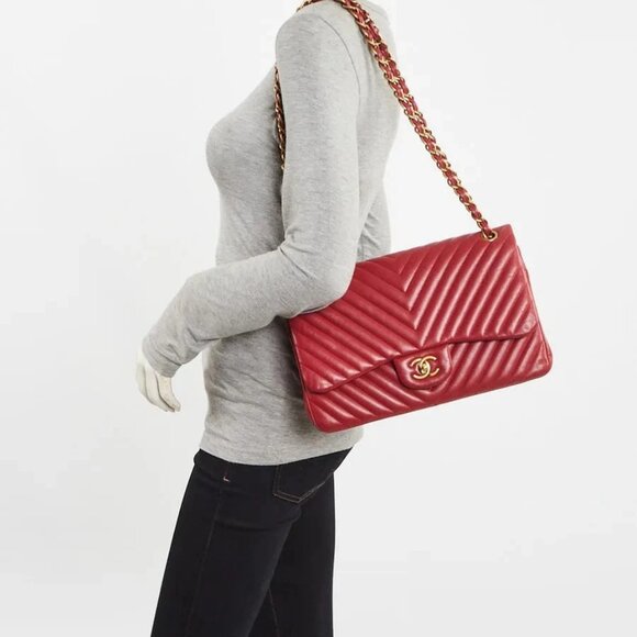 Chanel Red Chevron Quilted Lambskin Leather Classic Jumbo Double Flap Bag - Picture 2 of 9